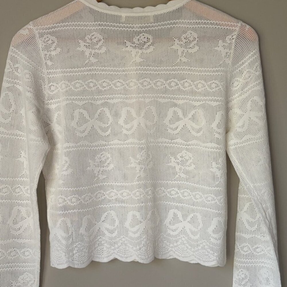 NWT Loveshackfancy Gretta Pointelle Knit Bow Cardigan Ivory White | S - Picture 12 of 13